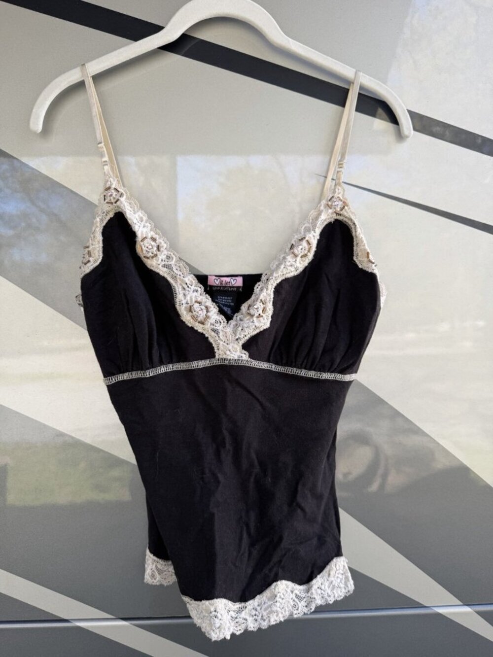 Vintage Y2K Love Let Love black babydoll lace beaded camisole built-in bra M